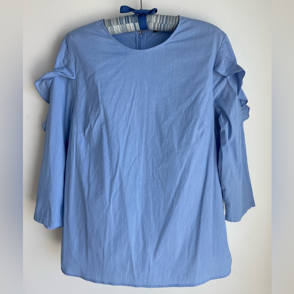J MCLAUGHLIN Blue Ruffle Sleeve Blouse, Size L slightly stretchy fabric